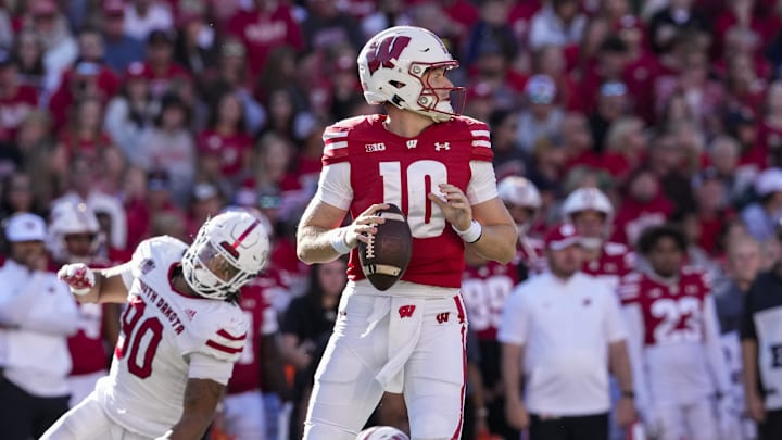 Sep 7, 2024; Madison, Wisconsin, USA;  Wisconsin Badgers quarterback Tyler Van Dyke (10) looks to throw a pass during the third quarter against the South Dakota Coyotes at Camp Randall Stadium.