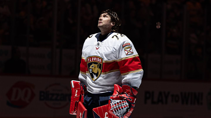 Apr 4, 2026; Pittsburgh, Pennsylvania, USA; Florida Panthers goalie Sergei Bobrovsky (72) looks on against the Pittsburgh Penguins before the first period at PPG Paints Arena. Mandatory Credit: Mark Alberti-Imagn Images