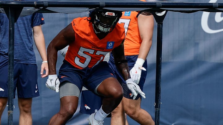 Jul 24, 2025; Englewood, CO, USA; Denver Broncos linebacker Dre Greenlaw (57) during Denver Broncos Training Camp. Jul 24, 2025; Englewood, CO, USA; Denver Broncos linebacker Dre Greenlaw (57) during Denver Broncos Training Camp.
