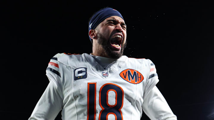 Nov 28, 2025; Philadelphia, Pennsylvania, USA; Chicago Bears quarterback Caleb Williams (18) reacts to a win against the Philadelphia Eagles at Lincoln Financial Field. Mandatory Credit: Bill Streicher-Imagn Images