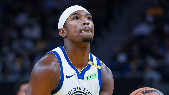 Oct 6, 2026; San Francisco, California, USA;  Golden State Warriors guard Brandon Williams (12) takes a free throw during the third quarter of the game against the Los Angeles Lakers at Chase Center.  Mandatory Credit: Ed Szczepanski-Imagn Images