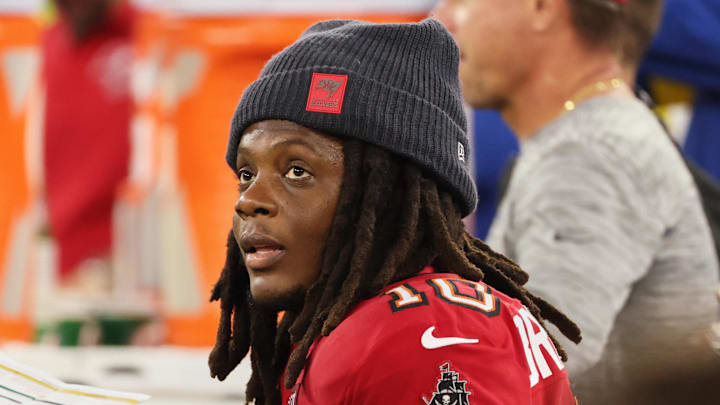 Tampa Bay Buccaneers quarterback Teddy Bridgewater (10) sits on the bench during a Los Angeles Rams offensive series Tampa Bay Buccaneers quarterback Teddy Bridgewater (10) sits on the bench during a Los Angeles Rams offensive series