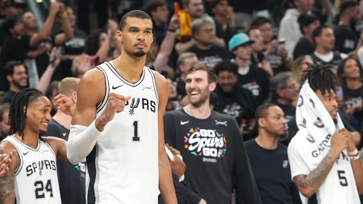 Apr 28, 2026; San Antonio, Texas, USA; San Antonio Spurs forward Victor Wembanyama (1) pumps his fist after a victory over the Portland Trail Blazers in game five of the first round of the 2026 NBA Playoffs at Frost Bank Center. Mandatory Credit: Scott Wachter-Imagn Images