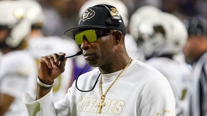 Oct 4, 2025; Fort Worth, Texas, USA; Colorado Buffaloes head coach Deion Sanders on the sidelines during the first half against the TCU Horned Frogs at Amon G. Carter Stadium.