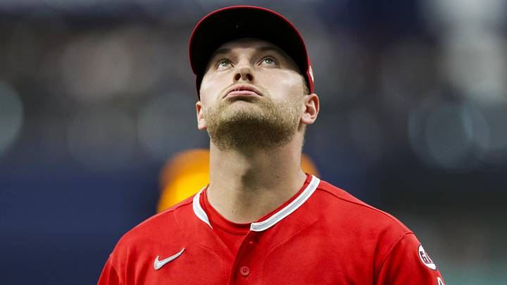 May 30, 2026; St. Petersburg, Florida, USA; Los Angeles Angels starting pitcher Reid Detmers (48) reacts after pitching the first inning against the Tampa Bay Rays at Tropicana Field. Mandatory Credit: Nathan Ray Seebeck-Imagn Images