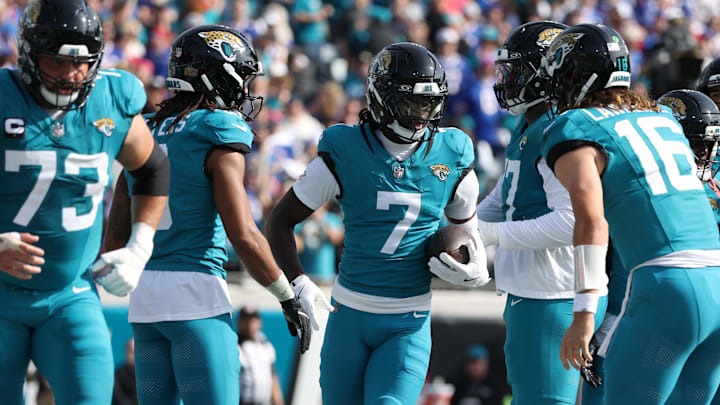 Jan 11, 2026; Jacksonville, FL, USA; Jacksonville Jaguars wide receiver Brian Thomas Jr. (7) reacts after scoring a touchdown during the first half against the Buffalo Bills in an AFC Wild Card Round game at EverBank Stadium. Mandatory Credit: Nathan Ray Seebeck-Imagn Images