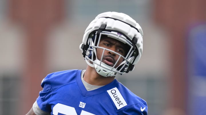 May 9, 2026; East Rutherford, NJ, USA; New York Giants running back Damon Bankston (37) participates in a drill during rookie minicamp at Quest Diagnostics Training Center. Mandatory Credit: John Jones-Imagn Images