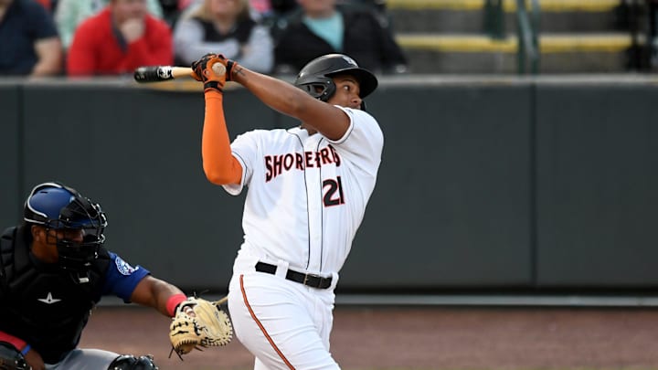 Shorebirds' Samuel Basallo (21) swings in the game against the Cannon Ballers Tuesday, April 11, 2023, at Perdue Stadium in Salisbury, Maryland. The Shorebirds defeated the Cannon Ballers 7-2.
