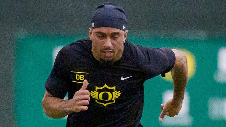 Oregon defensive back Jadon Canady competes in the 40-yard dash during Oregon Pro Day on March 17, 2026, at the Moshofsky Center in Eugene, Oregon.