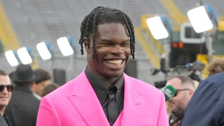 NFL draft prospect, Colorado Buffaloes wide receiver Travis Hunter, arrives during the NFL Draft Red Carpet event at Lambeau Field in Green Bay on Thursday, April 24, 2025.