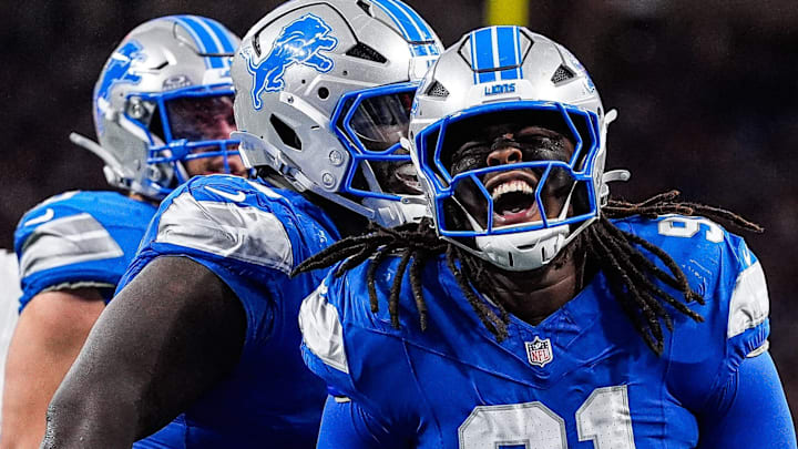 Detroit Lions defensive tackle Tyleik Williams (91) celebrates a tackle against the Cleveland Browns during the first half at Ford Field in Detroit on Sunday, Sept. 28, 2025.