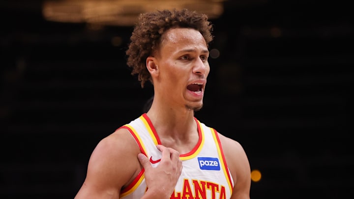 Atlanta Hawks guard Dyson Daniels (5) reacts to a call against the Orlando Magic in the third quarter at State Farm Arena on November 2, 2025. 