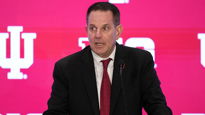 Indiana head coach Curt Cignetti speaks to the media during the Big Ten Football Media Days at Mandalay Bay Resort. Indiana head coach Curt Cignetti speaks to the media during the Big Ten Football Media Days at Mandalay Bay Resort.