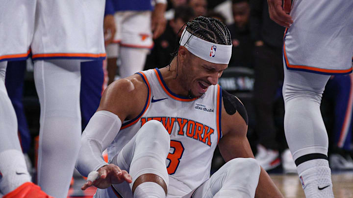 Dec 25, 2025; New York, New York, USA; New York Knicks guard Josh Hart (3) reacts after being fouled during the second half against the Cleveland Cavaliers at Madison Square Garden. Josh Hart would leave the game after the play. Mandatory Credit: Vincent Carchietta-Imagn Images