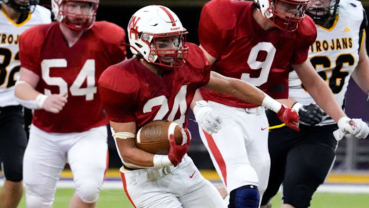 West Hancock Gustavo Gomez (24) carries the ball against Tri-Center during the Iowa high school Class A championship Thursday, Nov. 21, 2024 at the UNI-Dome in Cedar Falls, Iowa.
