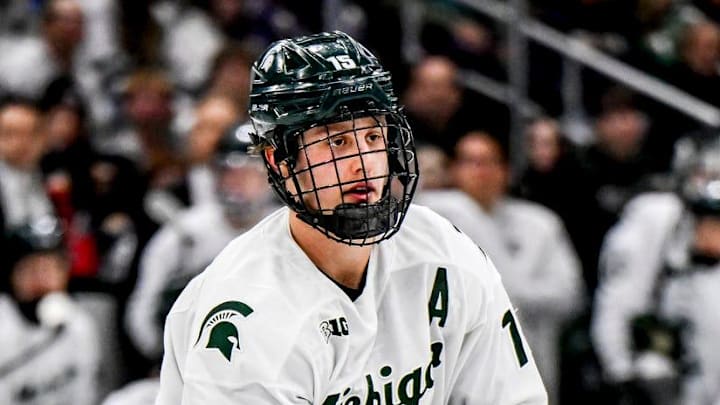 Michigan State's Charlie Stramel moves the puck against Michigan during the third period on Friday, Dec. 5, 2025, at Munn Ice Arena in East Lansing.