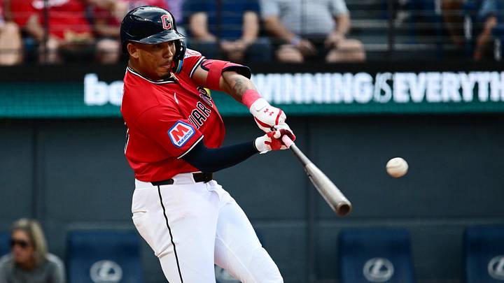 Aug 18, 2026; Cleveland, Ohio, USA; Cleveland Guardians second baseman Angel Genao (17) hits a double during the first inning against the San Francisco Giants at Progressive Field. Mandatory Credit: Ken Blaze-Imagn Images Aug 18, 2026; Cleveland, Ohio, USA; Cleveland Guardians second baseman Angel Genao (17) hits a double during the first inning against the San Francisco Giants at Progressive Field. Mandatory Credit: Ken Blaze-Imagn Images