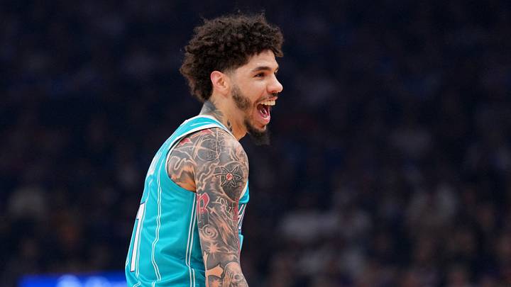 Mar 8, 2026; Phoenix, Arizona, USA; Charlotte Hornets guard LaMelo Ball (1) reacts after making a basket against the Phoenix Suns during the first half at Mortgage Matchup Center. Mandatory Credit: Joe Camporeale-Imagn Images