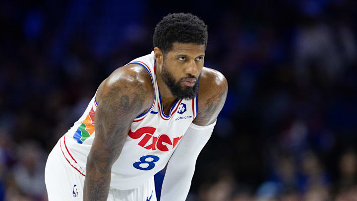 Mar 1, 2025; Philadelphia, Pennsylvania, USA; Philadelphia 76ers forward Paul George (8) looks on against the Golden State Warriors during the second quarter at Wells Fargo Center. Mandatory Credit: Bill Streicher-Imagn Images