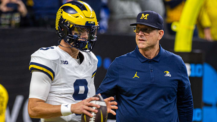 Minnesota Vikings QB J.J. McCarthy and Los Angeles Chargers head coach Jim Harbaugh
