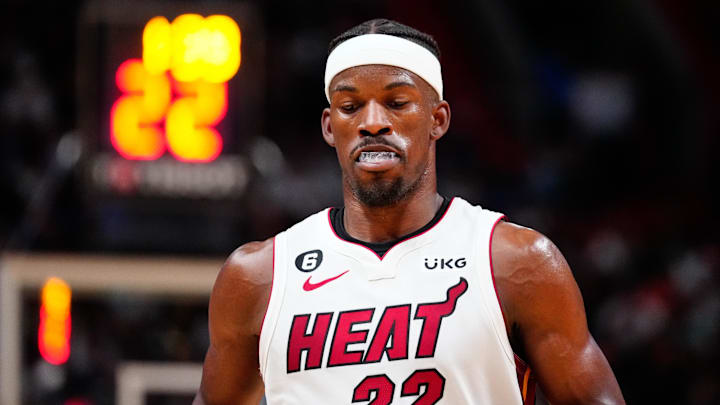 Apr 1, 2023; Miami, Florida, USA; Miami Heat forward Jimmy Butler (22) runs up the court against the Dallas Mavericks during the fourth quarter at Miami-Dade Arena. Mandatory Credit: Rich Storry-Imagn Images