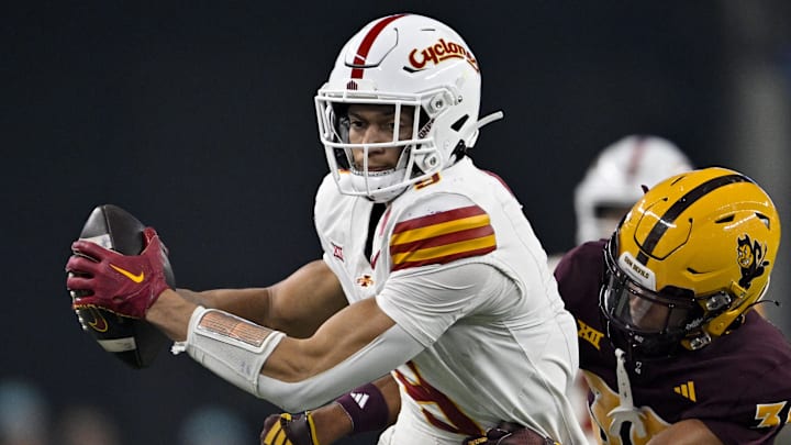 Dec 7, 2024; Arlington, TX, USA; Iowa State Cyclones wide receiver Jayden Higgins (9) and Arizona State Sun Devils defensive back Kyan McDonald (38) in action during the game between the Iowa State Cyclones and the Arizona State Sun Devils at AT&T Stadium. Mandatory Credit: Jerome Miron-Imagn Images Dec 7, 2024; Arlington, TX, USA; Iowa State Cyclones wide receiver Jayden Higgins (9) and Arizona State Sun Devils defensive back Kyan McDonald (38) in action during the game between the Iowa State Cyclones and the Arizona State Sun Devils at AT&T Stadium. Mandatory Credit: Jerome Miron-Imagn Images