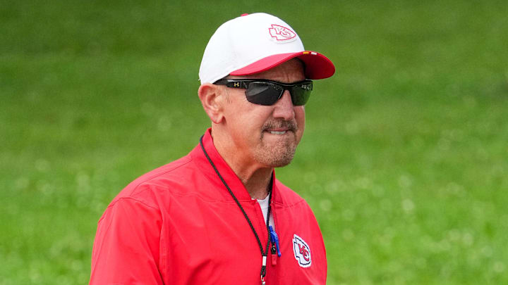 Jul 22, 2025; St. Joseph, MO, USA; Kansas City Chiefs defensive coordinator Steve Spagnuolo walks down the hill to the practice fields during training camp at Missouri Western State University. Mandatory Credit: Denny Medley-Imagn Images