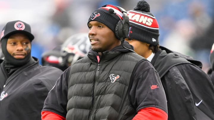 Jan 5, 2025; Nashville, Tennessee, USA;  Houston Texans head coach DeMeco Ryans watches from the sideline against the Tennessee Titans during the second half at Nissan Stadium. Mandatory Credit: Steve Roberts-Imagn Images