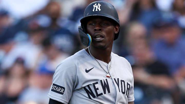 Apr 19, 2025; Tampa, Florida, USA; New York Yankees second baseman Jazz Chisholm Jr. (13) reacts after striking out against the Tampa Bay Rays in the fifth inning  at George M. Steinbrenner Field