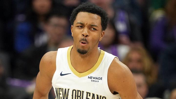 Apr 3, 2026; Sacramento, California, USA; New Orleans Pelicans forward Trey Murphy III (25) reacts after dunking against the Sacramento Kings during the third quarter at Golden 1 Center. Mandatory Credit: Darren Yamashita-Imagn Images