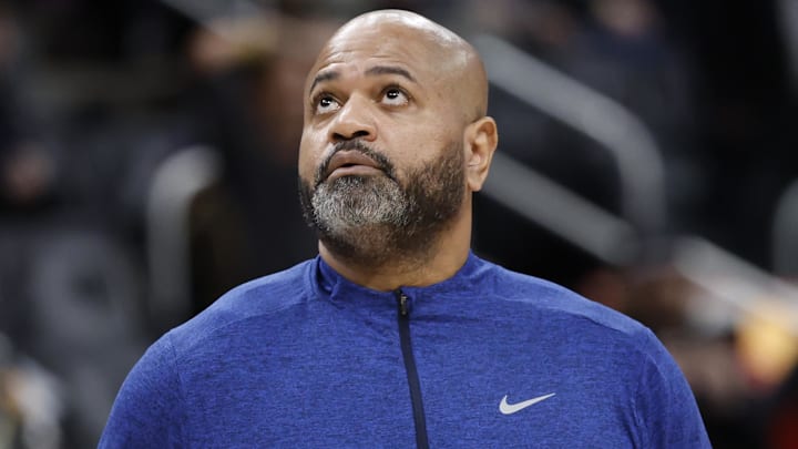 Feb 3, 2025; Detroit, Michigan, USA;  Detroit Pistons head coach J. B. Bickerstaff looks on in the second half against the Atlanta Hawks at Little Caesars Arena. Mandatory Credit: Rick Osentoski-Imagn Images