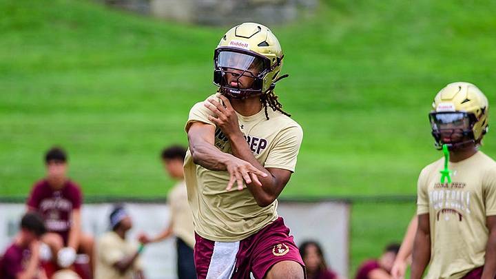 Iona Prep quarterback Jaydin Jackson throws the ball during football practice in New Rochelle, New York on Monday, August 17. Iona Prep quarterback Jaydin Jackson throws the ball during football practice in New Rochelle, New York on Monday, August 17.