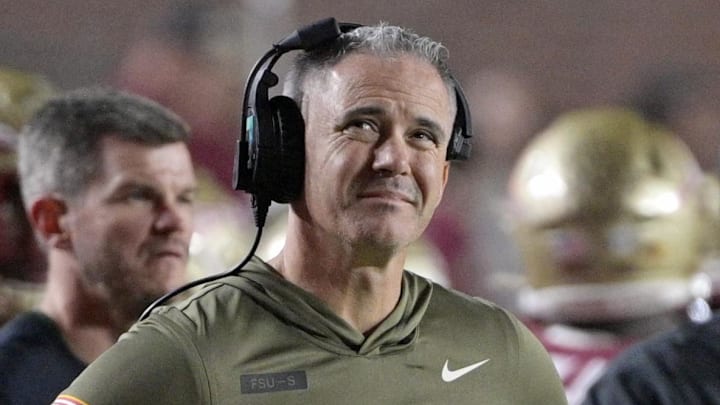 Nov 15, 2025; Tallahassee, Florida, USA; Florida State Seminoles head coach Mike Norvell during the second half against the Virginia Tech Hokies at Doak S. Campbell Stadium. Mandatory Credit: Melina Myers-Imagn Images