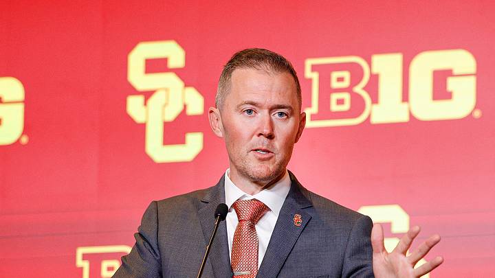 Jul 28, 2026; Chicago, IL, USA; USC Football head coach Lincoln Riley speaks during Media Days at Hilton Chicago. Jul 28, 2026; Chicago, IL, USA; USC Football head coach Lincoln Riley speaks during Media Days at Hilton Chicago.