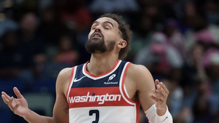Mar 8, 2026; New Orleans, Louisiana, USA; Washington Wizards guard Trae Young (3) reacts after a three-point basket against the New Orleans Pelicans during the first half at Smoothie King Center. Mandatory Credit: Matthew Hinton-Imagn Images