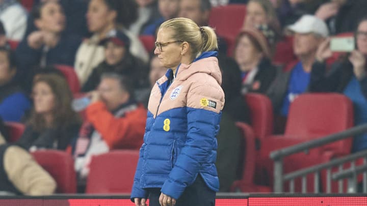 England head coach Sarina Wiegman in the first half of an International friendly at Wembley Stadium.