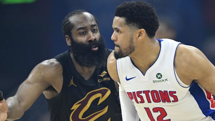 Mar 3, 2026; Cleveland, Ohio, USA; Cleveland Cavaliers guard James Harden (1) defends Detroit Pistons forward Tobias Harris (12) in the third quarter at Rocket Arena. Mandatory Credit: David Richard-Imagn Images