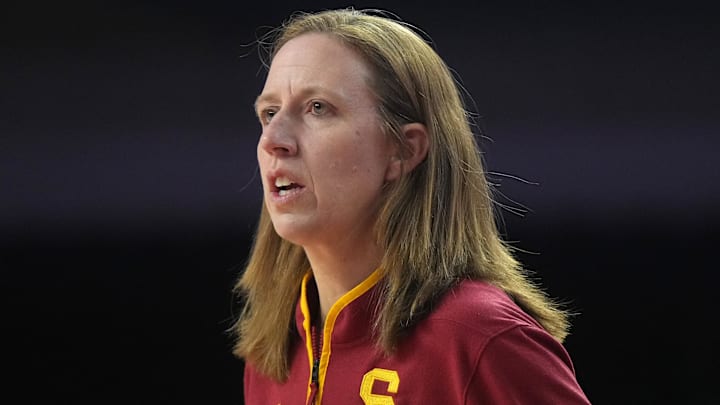 Dec 10, 2024; Los Angeles, California, USA; Southern California Trojans head coach Lindsay Gottlieb reacts in the first half against the Fresno State Bulldogs at Galen Center. USC defeated Fresno State 89-40. Mandatory Credit: Kirby Lee-Imagn Images