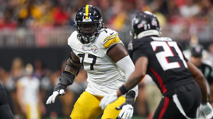 Sep 8, 2024; Atlanta, Georgia, USA; Pittsburgh Steelers offensive tackle Broderick Jones (77) blocks against the Atlanta Falcons in the fourth quarter at Mercedes-Benz Stadium. Mandatory Credit: Brett Davis-Imagn Images