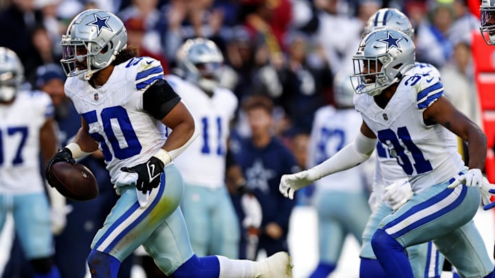 Former Dallas Cowboys linebacker Eric Kendricks (50) celebrates after recovering a fumble during the fourth quarter against the Washington Commanders at Northwest Stadium.