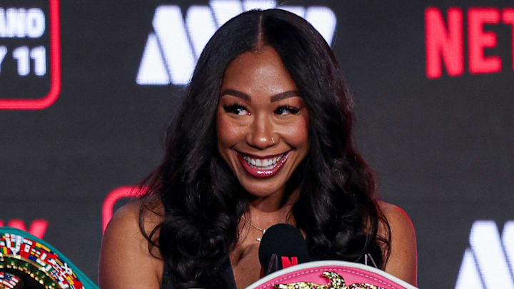 Apr 9, 2025; New York, New York, USA; Alycia Baumgardner speaks at a press conference announcing Taylor vs Serrano 3 at Madison Square Garden. Mandatory Credit: Vincent Carchietta-Imagn Images