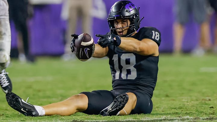 Sep 14, 2024; Fort Worth, Texas, USA; TCU Horned Frogs wide receiver Jack Bech (18) signals first down after a catch during the fourth quarter against the UCF Knights at Amon G. Carter Stadium. Mandatory Credit: Andrew Dieb-Imagn Images