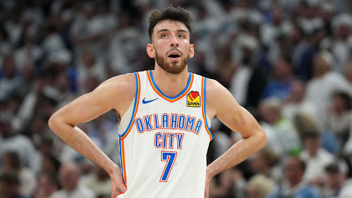 May 26, 2025; Minneapolis, Minnesota, USA; Oklahoma City Thunder forward Chet Holmgren (7) reacts against the Minnesota Timberwolves in the second half during game four of the western conference finals for the 2025 NBA Playoffs at Target Center. Mandatory Credit: Jesse Johnson-Imagn Images May 26, 2025; Minneapolis, Minnesota, USA; Oklahoma City Thunder forward Chet Holmgren (7) reacts against the Minnesota Timberwolves in the second half during game four of the western conference finals for the 2025 NBA Playoffs at Target Center. Mandatory Credit: Jesse Johnson-Imagn Images