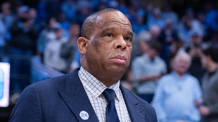Dec 16, 2025; Chapel Hill, North Carolina, USA; North Carolina Tar Heels head coach Hubert Davis walks out before a match up with ETSU Buccaneers at Dean E. Smith Center. Mandatory Credit: Scott Kinser-Imagn Images
