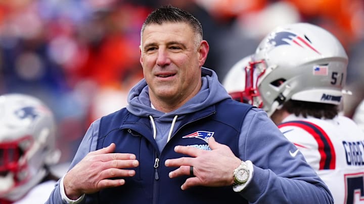 Jan 25, 2026; Denver, CO, USA;New England Patriots head coach Mike Vrabel before the 2026 AFC Championship Game at Empower Field at Mile High. Mandatory Credit: Ron Chenoy-Imagn Images