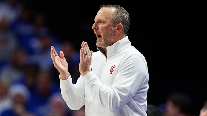 Indiana coach Darian Devries reacts to the action Dec. 13, 2025, during the first half vs. Kentucky at Rupp Arena in Lexington.