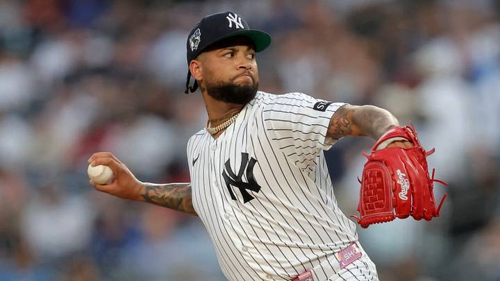 Apr 15, 2026; Bronx, New York, USA; New York Yankees starting pitcher Luis Gil pitches against the Los Angeles Angels during the first inning at Yankee Stadium. Mandatory Credit: Brad Penner-Imagn Images