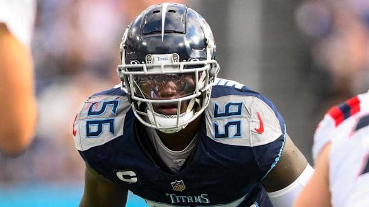 Nov 3, 2024; Nashville, Tennessee, USA; Tennessee Titans linebacker Kenneth Murray Jr. (56) looks into the backfield against the New England Patriots during the second half at Nissan Stadium. Mandatory Credit: Steve Roberts-Imagn Images Nov 3, 2024; Nashville, Tennessee, USA; Tennessee Titans linebacker Kenneth Murray Jr. (56) looks into the backfield against the New England Patriots during the second half at Nissan Stadium. Mandatory Credit: Steve Roberts-Imagn Images