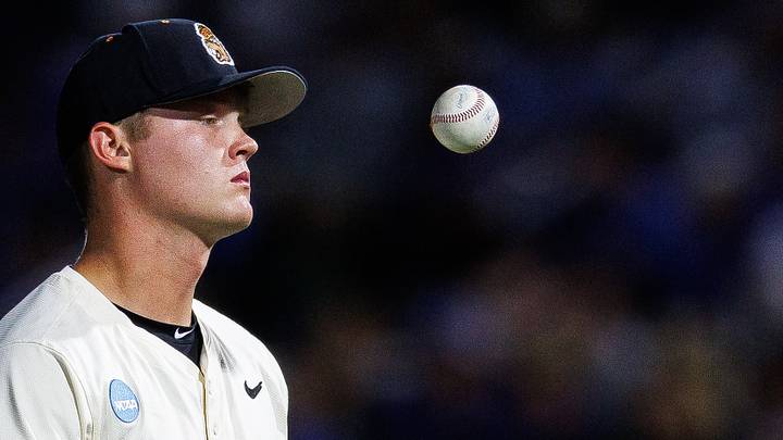 Oregon State Beavers pitcher Jacob Kmatz (35) tosses the ball in the air during the second inning against the Kentucky Wildcats at Kentucky Proud Park on June 9, 2024. Oregon State Beavers pitcher Jacob Kmatz (35) tosses the ball in the air during the second inning against the Kentucky Wildcats at Kentucky Proud Park on June 9, 2024.