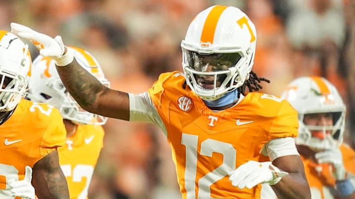 Tennessee defensive back Boo Carter (23) and Tennessee defensive back John Slaughter (12) celebrate after a play during a college football game between Tennessee and Mississippi State at Neyland Stadium in Knoxville, Tenn., on Saturday, Nov. 9, 2024.